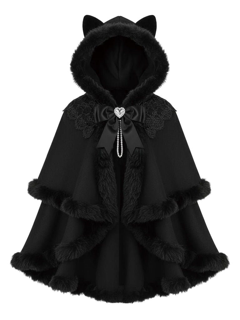 1960s Black Cat Lace Plush Trim Hooded Cloak - vintage fashion, retro style, classic black