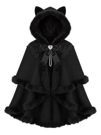 1960s Black Cat Lace Plush Trim Hooded Cloak - vintage fashion, retro style, classic black