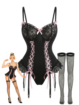 Black 1960s Lace Bow Corset Lingerie Set with Fishnet Stockings - vintage fashion, retro style, classic black