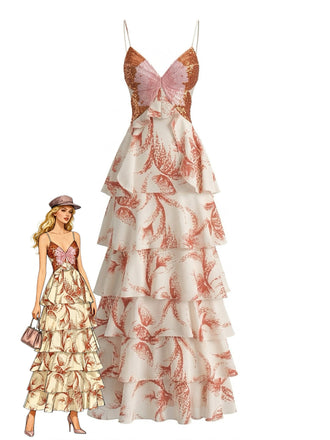 Pink 1930s Butterfly Tiered Ruffle Spaghetti Strap Maxi Dress - vintage dress, retro fashion for vintage lovers