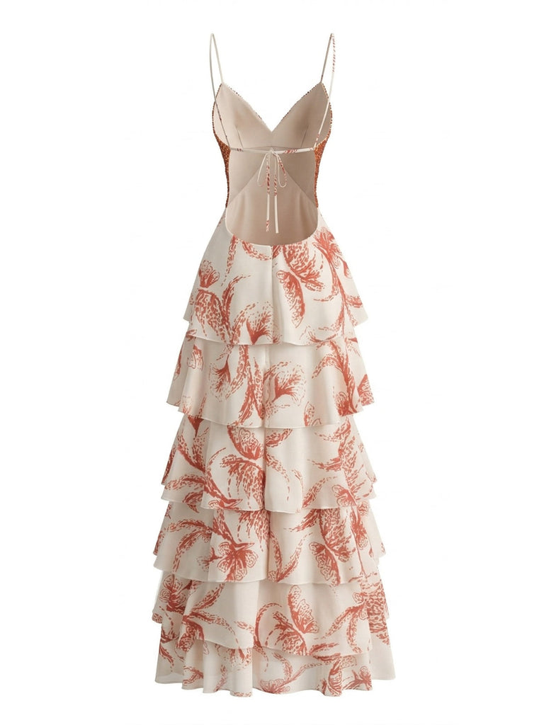 Pink 1930s Butterfly Tiered Ruffle Spaghetti Strap Maxi Dress - vintage dress, retro fashion for vintage lovers