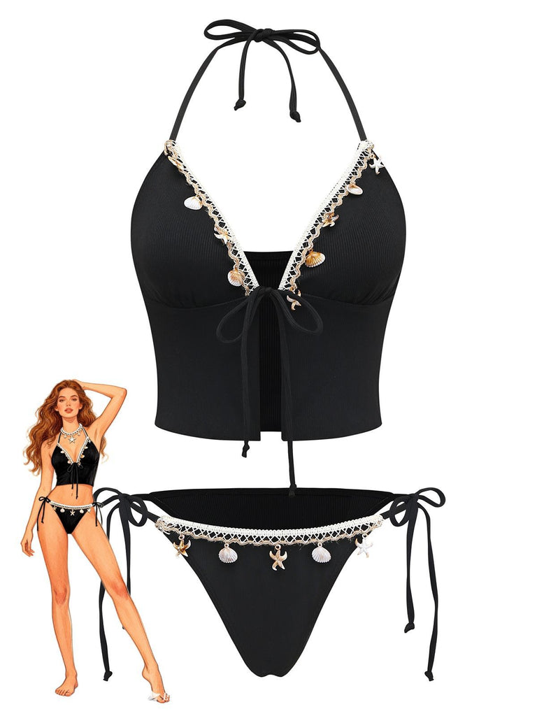 Black 1960s Seashell Detail Tied Halter Tankini Set - vintage fashion, retro style, classic black