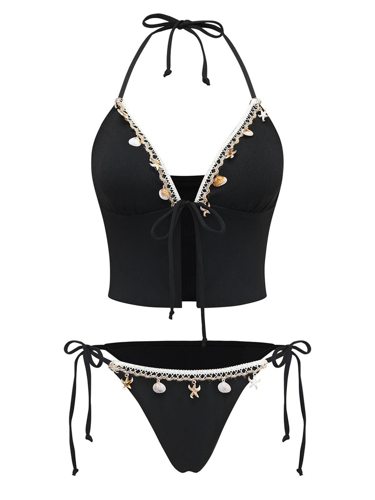 Black 1960s Seashell Detail Tied Halter Tankini Set - vintage fashion, retro style, classic black
