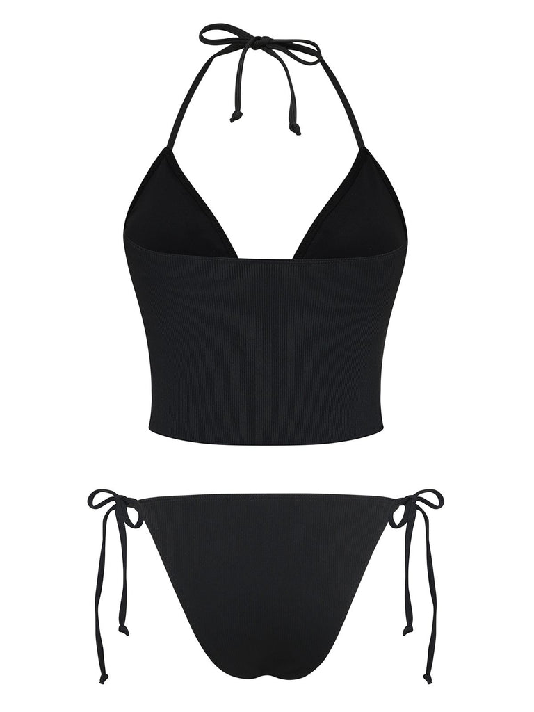 Black 1960s Seashell Detail Tied Halter Tankini Set - vintage fashion, retro style, classic black