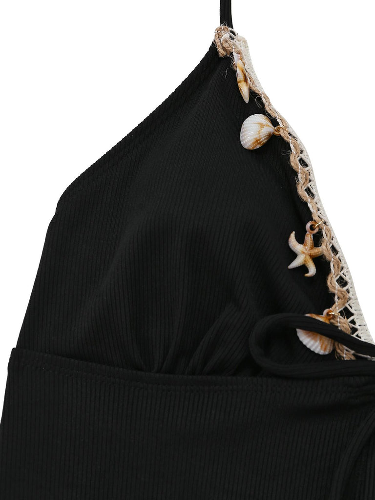 Black 1960s Seashell Detail Tied Halter Tankini Set - vintage fashion, retro style, classic black