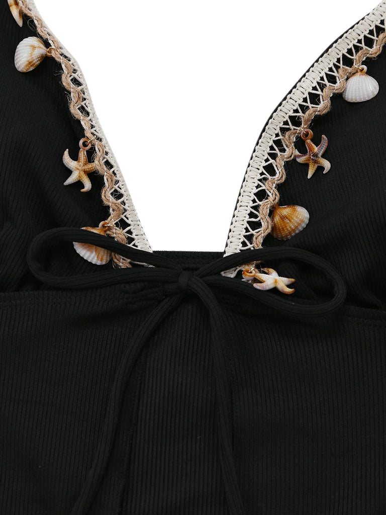 Black 1960s Seashell Detail Tied Halter Tankini Set - vintage fashion, retro style, classic black