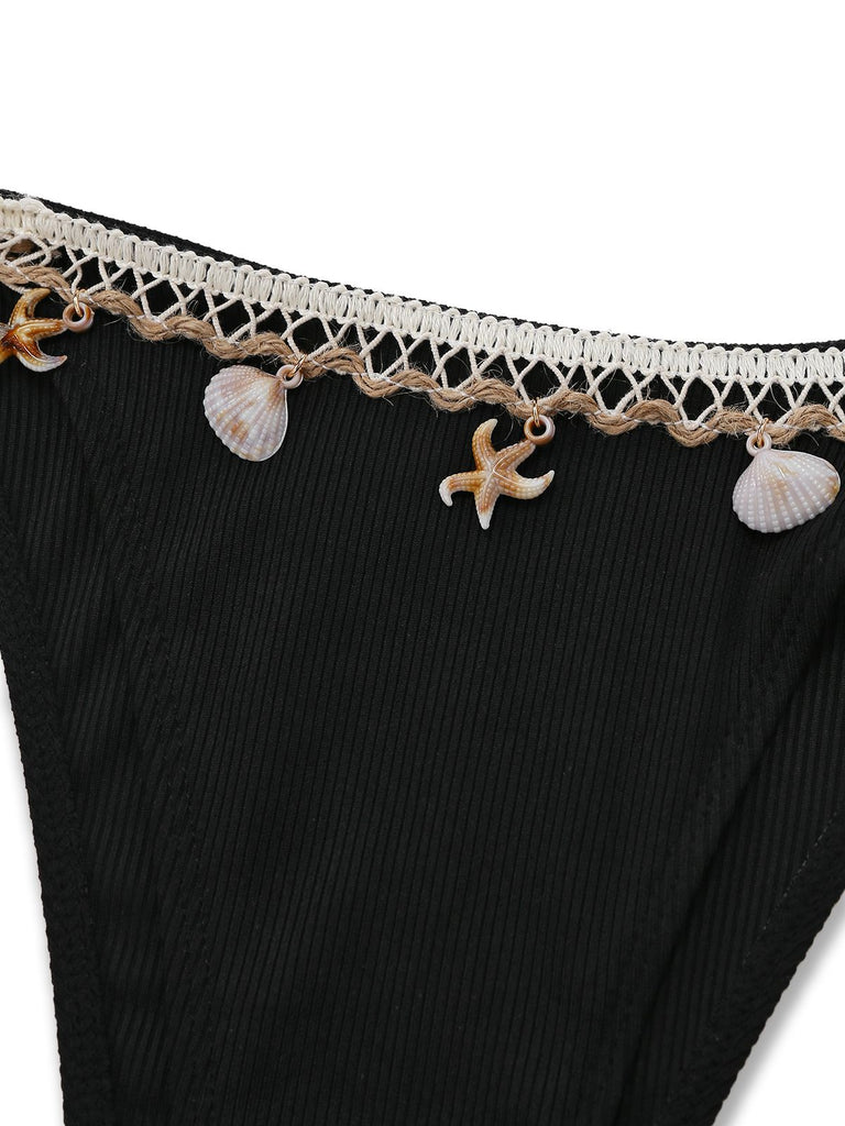Black 1960s Seashell Detail Tied Halter Tankini Set - vintage fashion, retro style, classic black