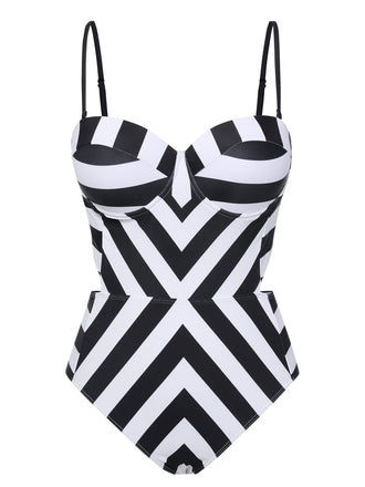 1960s Black White Contrast Stripes Swimsuit, vintage swimsuit, pin-up swimwear - perfect for women who love vintage and retro fashion