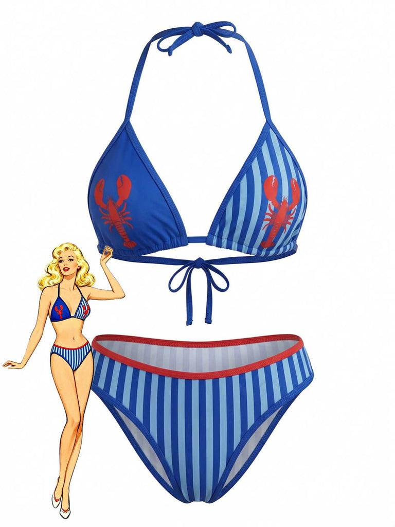 Blue 1960s Lobster Print Striped Triangle Bikini Set - vintage fashion, retro style
