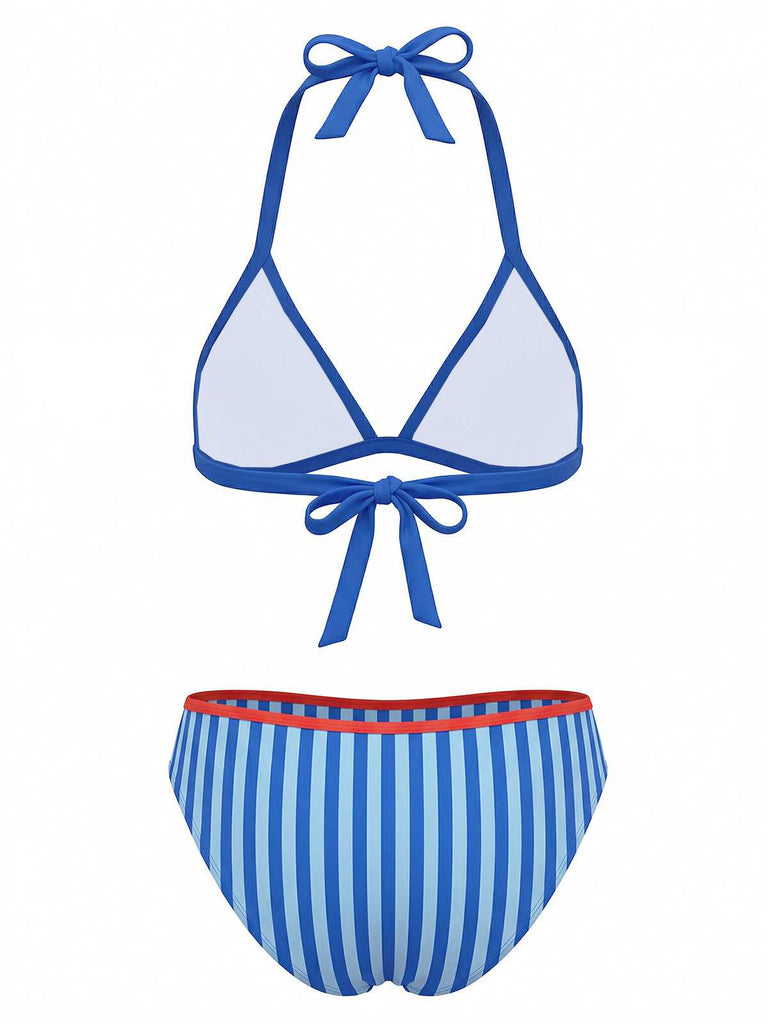 Blue 1960s Lobster Print Striped Triangle Bikini Set - vintage fashion, retro style
