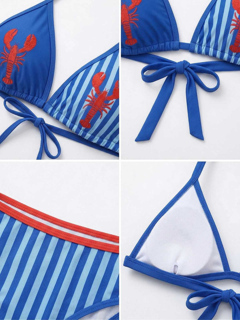 Blue 1960s Lobster Print Striped Triangle Bikini Set - vintage fashion, retro style