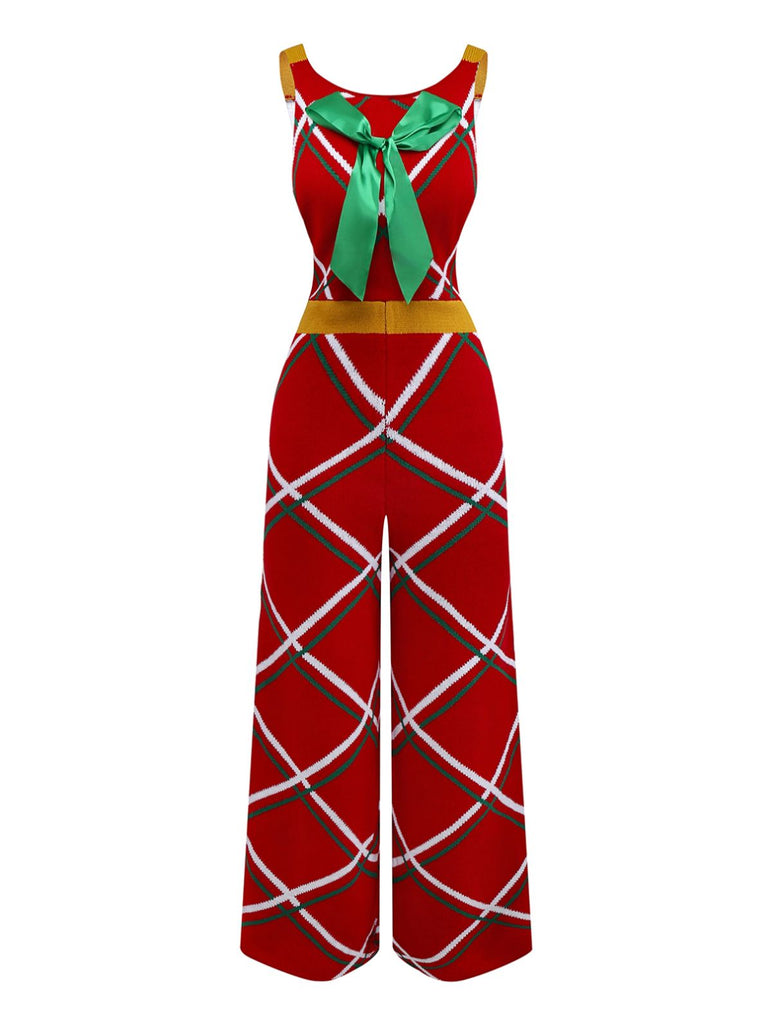 1960s Bow Christmas Plaid Patchwork Jumpsuit - vintage jumpsuit, retro fashion