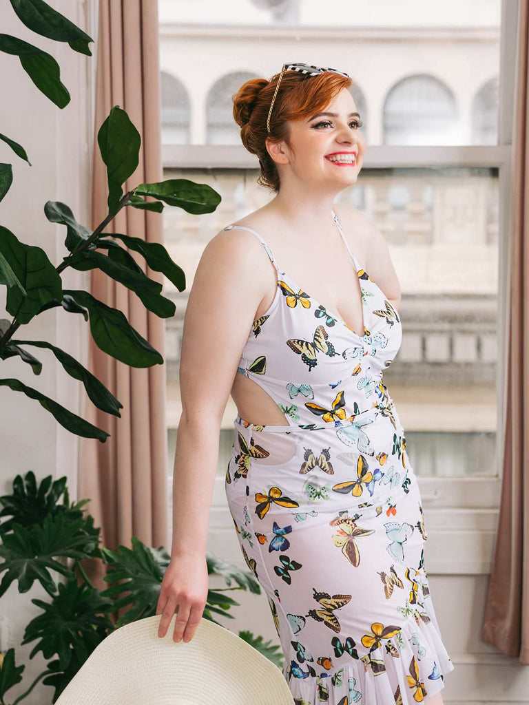 1960s Butterflies Strap One-piece Swimsuit & Cover-up Skirt — vintage elegance for the modern woman
