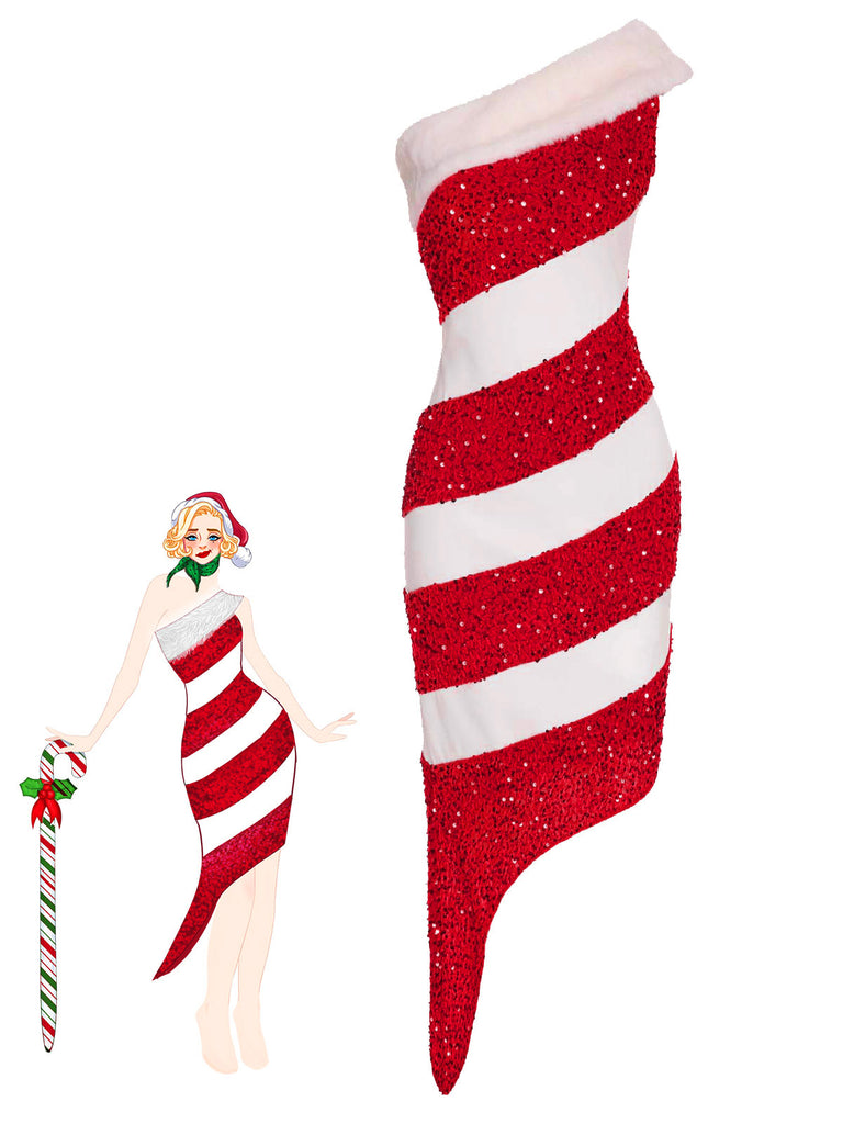 1960s Candy Cane One-Shoulder Dress — the kind of 1960s dress that makes strangers smile