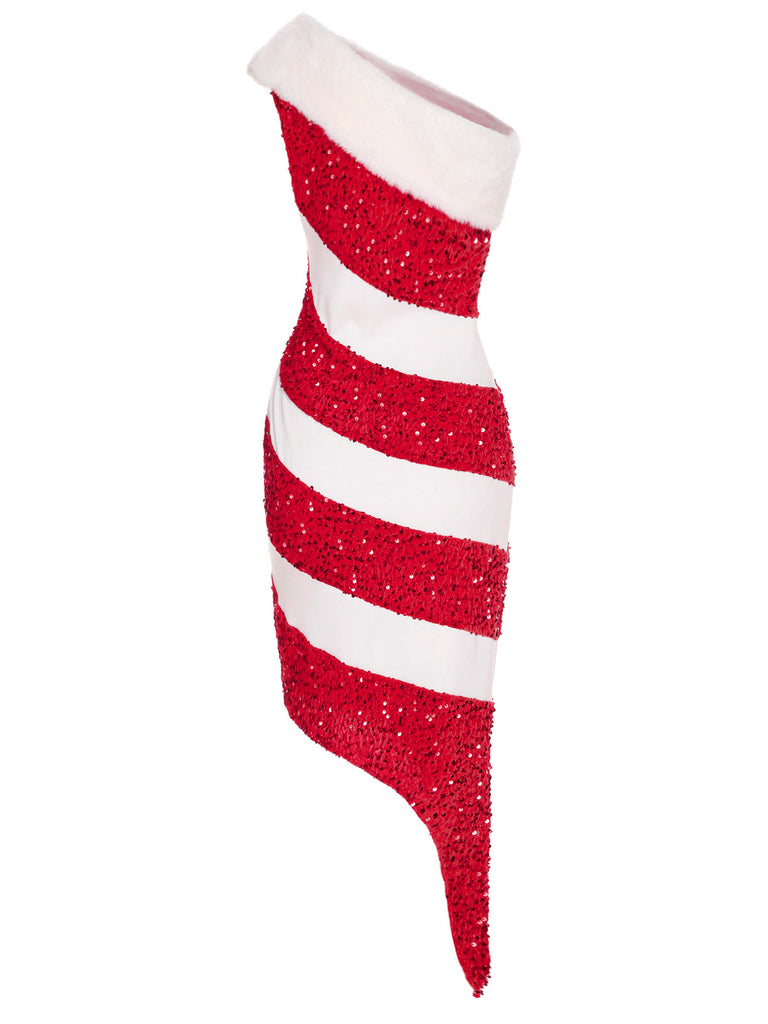 1960s Candy Cane One-Shoulder Dress — the kind of 1960s dress that makes strangers smile
