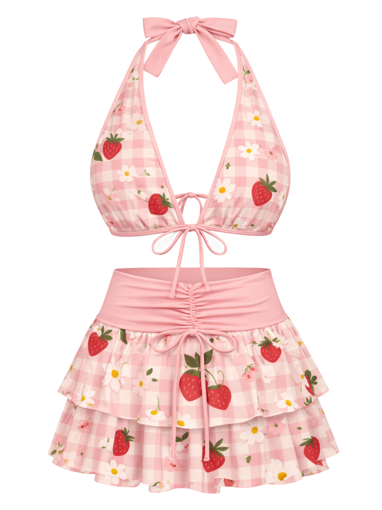 1960s Cherry Print Tie-Front Layered Bikini Set - vintage fashion, retro style, elegant red