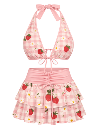 1960s Cherry Print Tie-Front Layered Bikini Set - vintage fashion, retro style, elegant red
