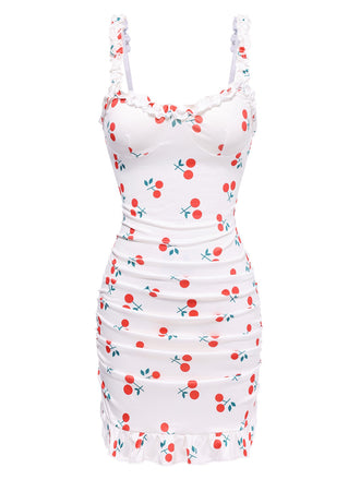 She slips into this 1960s Cherry Ruffled Hem Straps Nightgown and suddenly it's a 1960s daydream