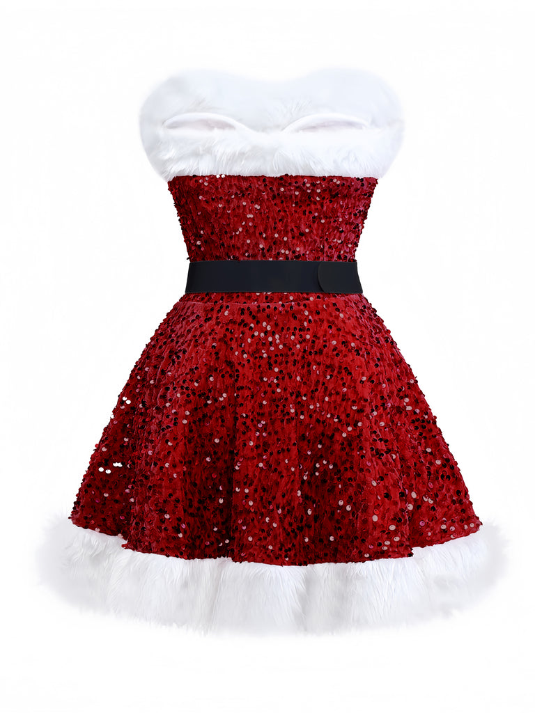 1960s Christmas Fur Sequin Strapless Dress - vintage dress, retro fashion