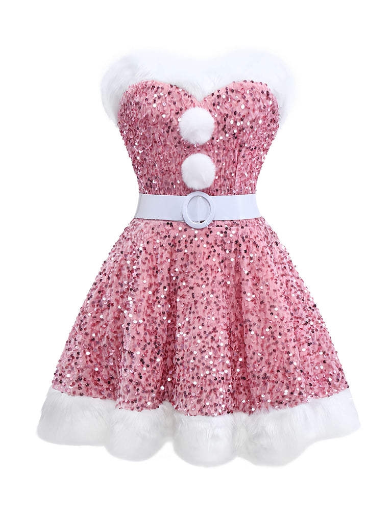 1960s Christmas Fur Sequin Strapless Dress - vintage dress, retro fashion