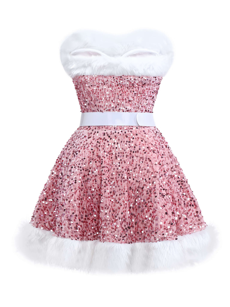 1960s Christmas Fur Sequin Strapless Dress - vintage dress, retro fashion