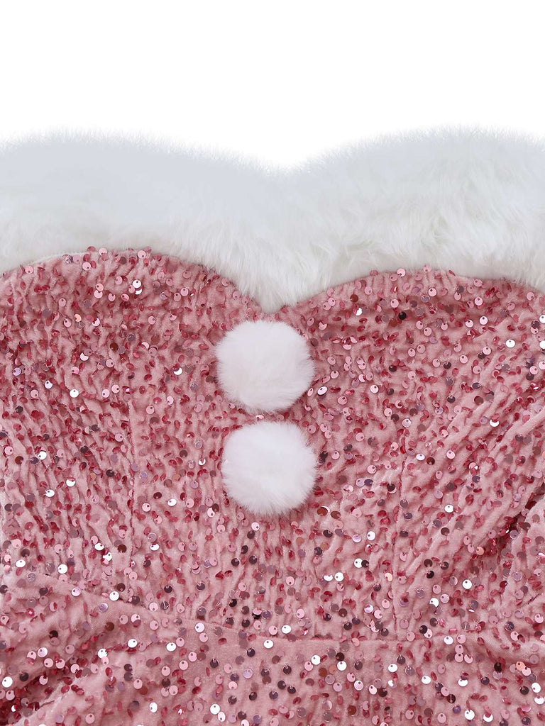 1960s Christmas Fur Sequin Strapless Dress - vintage dress, retro fashion