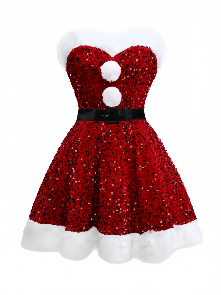1960s Christmas Fur Sequin Strapless Dress - vintage dress, retro fashion