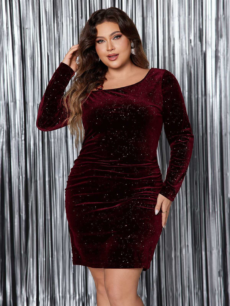 1960s Christmas Glitter Velvet Bodycon Dress — a 1960s silhouette that turns sidewalks into runways
