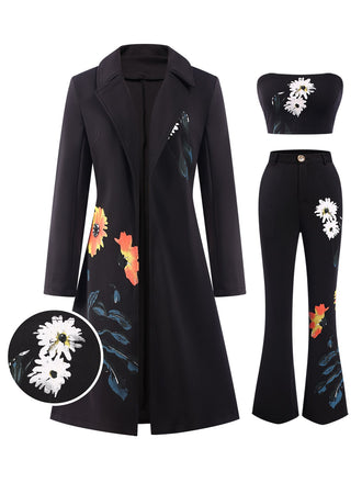 3PCS Black 1960s Floral Long Coat & Top & Pants Suit Set - vintage fashion, retro style, classic black