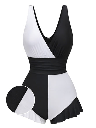 1960s Color Block Ruffle One Piece Swimsuit - vintage swimsuit, pin-up style