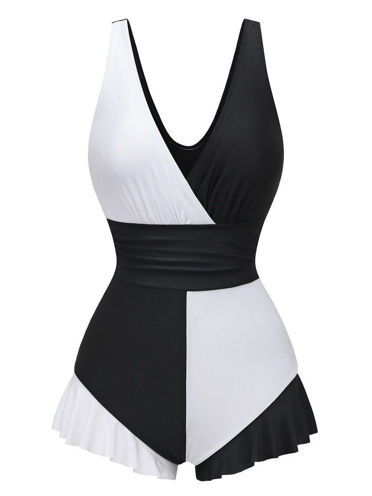 1960s Color Block Ruffle One Piece Swimsuit - vintage swimsuit, pin-up style