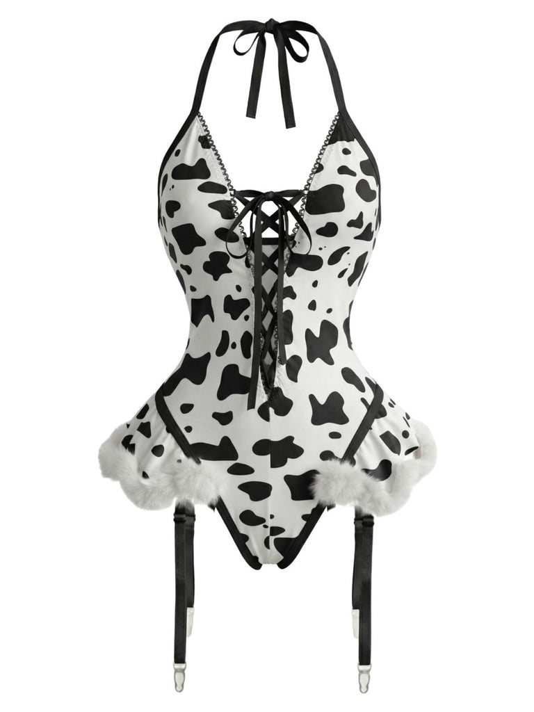 1960s Cow-Spotted Halter Lace-Up Plush Lingerie Set - vintage fashion, retro style