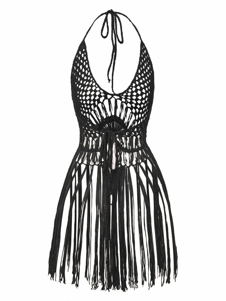 1960s Crochet Fringe Cutout Halter Bikini Cover-Up - vintage fashion, retro style