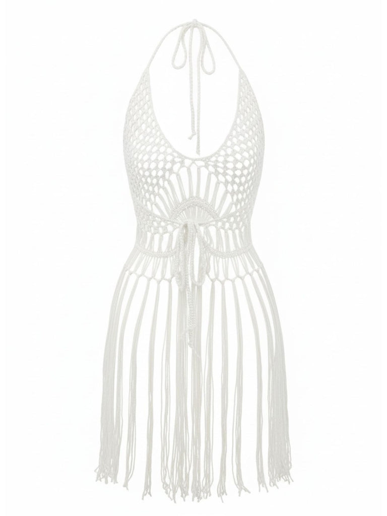 1960s Crochet Fringe Cutout Halter Bikini Cover-Up - vintage fashion, retro style