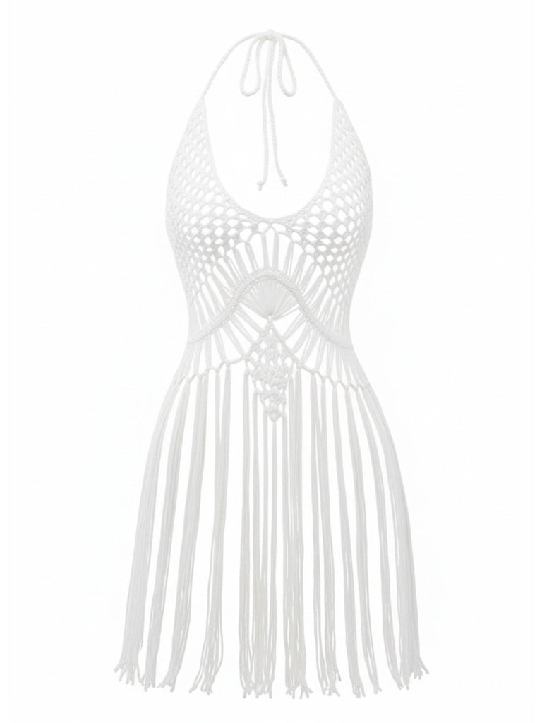 1960s Crochet Fringe Cutout Halter Bikini Cover-Up - vintage fashion, retro style
