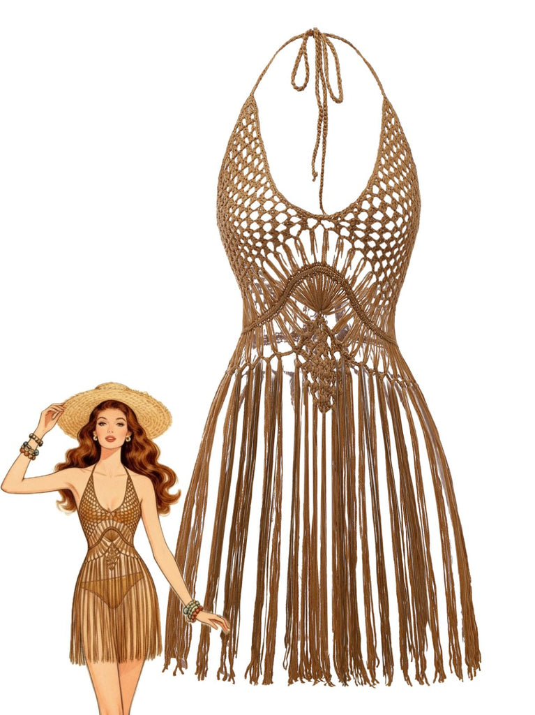 1960s Crochet Fringe Cutout Halter Bikini Cover-Up - vintage fashion, retro style