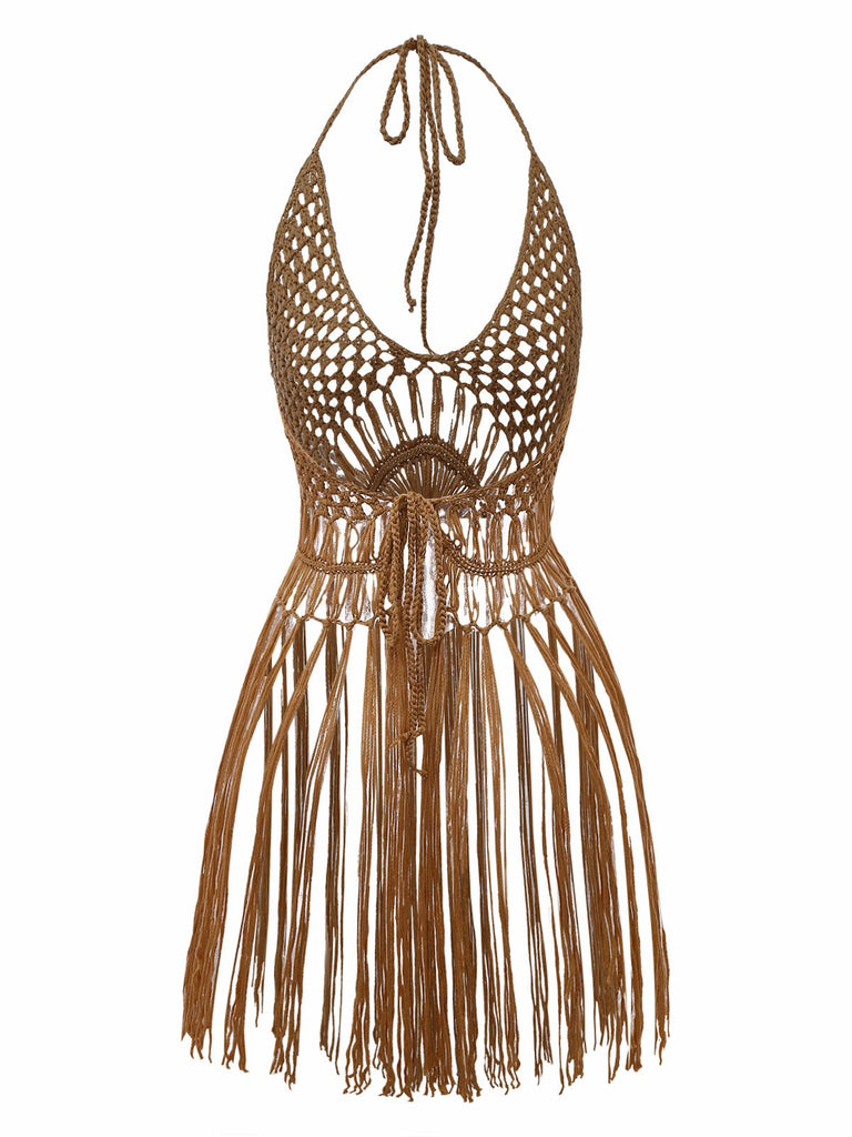 1960s Crochet Fringe Cutout Halter Bikini Cover-Up - vintage fashion, retro style