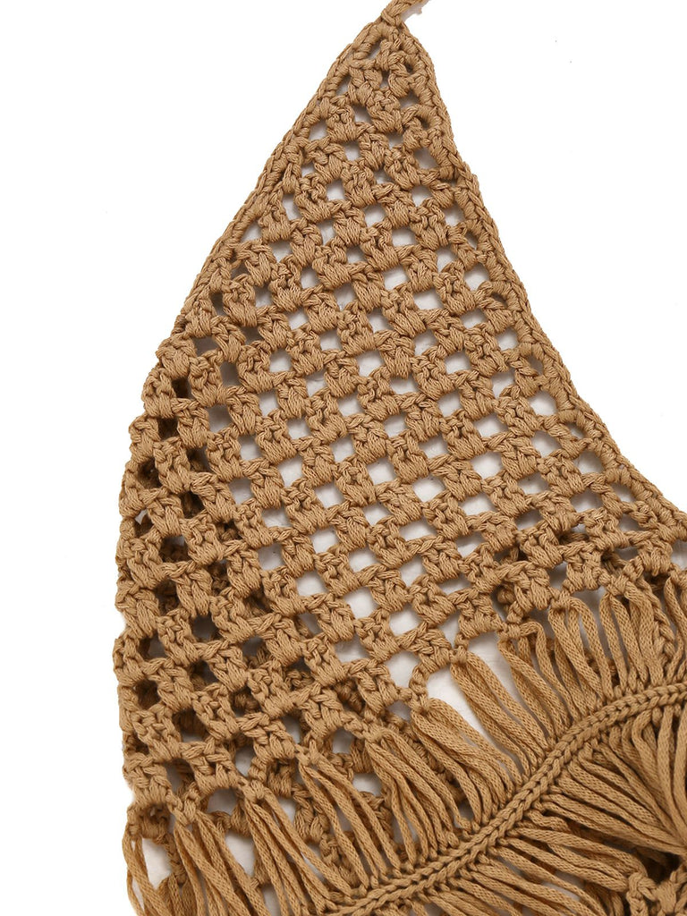 1960s Crochet Fringe Cutout Halter Bikini Cover-Up - vintage fashion, retro style