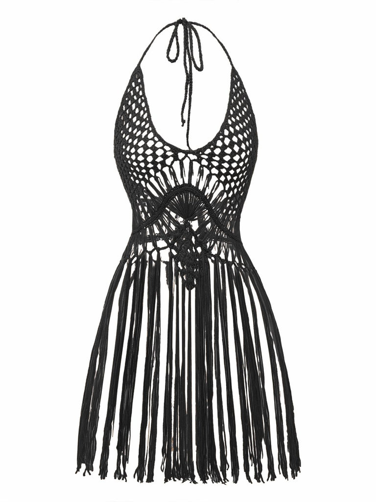 1960s Crochet Fringe Cutout Halter Bikini Cover-Up - vintage fashion, retro style