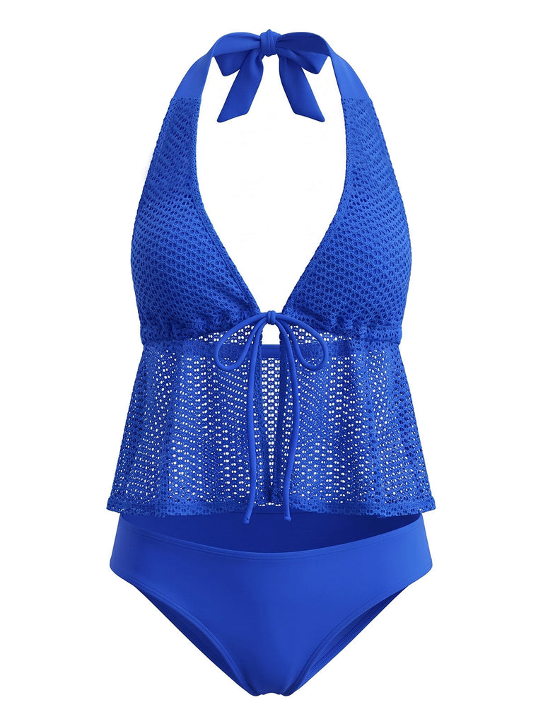 1960s Crochet Mesh Halter Tie-Front Tankini Swimsuit Set - vintage swimsuit, pin-up swimwear for vintage lovers