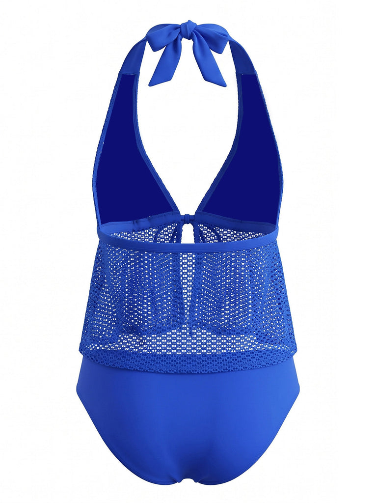 1960s Crochet Mesh Halter Tie-Front Tankini Swimsuit Set - vintage swimsuit, pin-up swimwear for vintage lovers