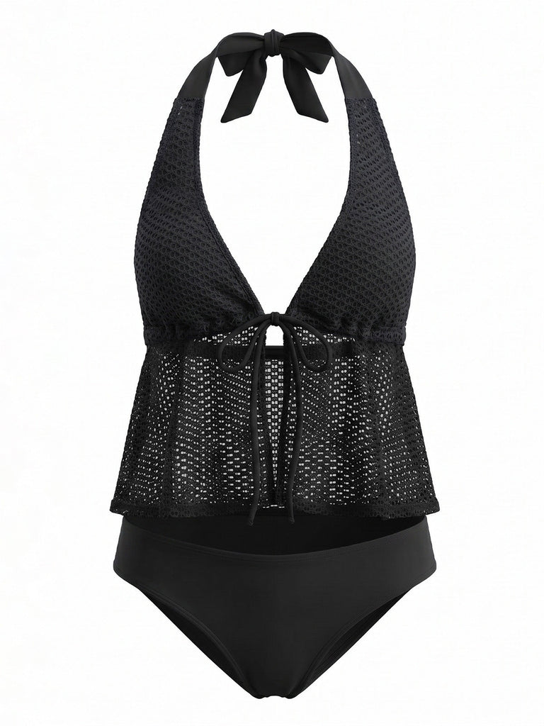 1960s Crochet Mesh Halter Tie-Front Tankini Swimsuit Set - vintage swimsuit, pin-up swimwear for vintage lovers
