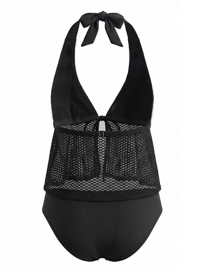 1960s Crochet Mesh Halter Tie-Front Tankini Swimsuit Set - vintage swimsuit, pin-up swimwear for vintage lovers