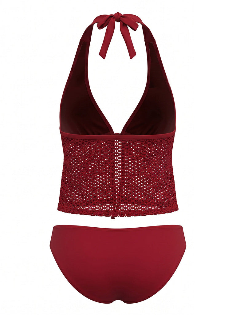 1960s Crochet Mesh Halter Tie-Front Tankini Swimsuit Set - vintage swimsuit, pin-up swimwear for vintage lovers