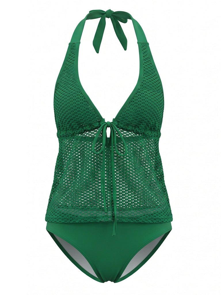1960s Crochet Mesh Halter Tie-Front Tankini Swimsuit Set - vintage swimsuit, pin-up swimwear for vintage lovers
