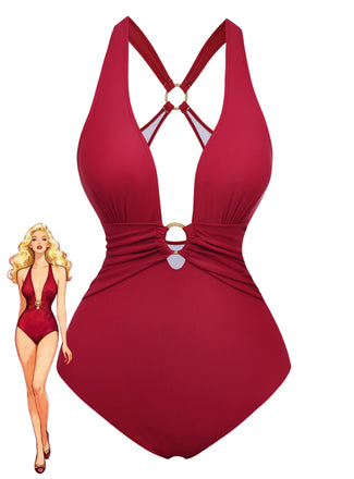 1960s Deep-V Ruched Metal Ring One-Piece Swimsuit - vintage swimwear, retro swimsuit, pin-up style for vintage lovers