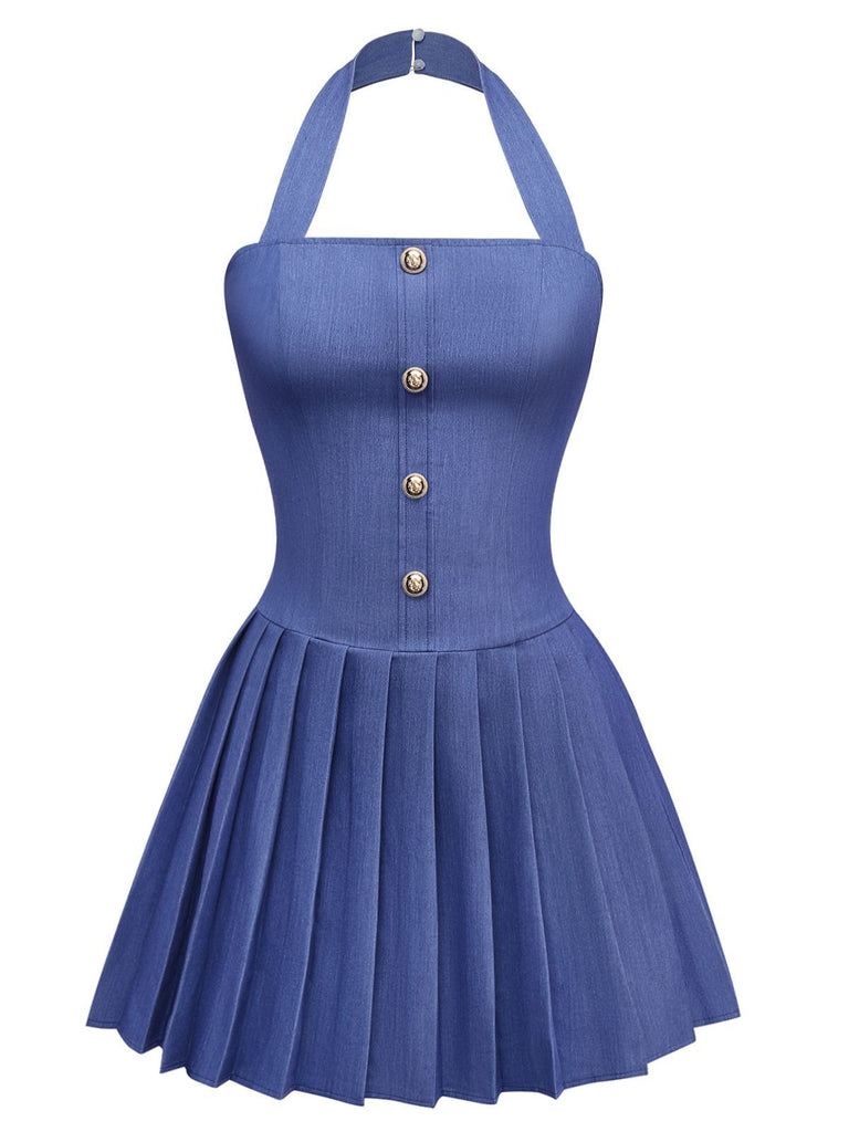 1960s Denim Halter Pleated Button Mini Dress - vintage dress, retro fashion