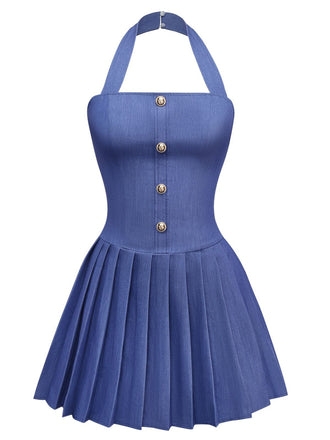 1960s Denim Halter Pleated Button Mini Dress - vintage dress, retro fashion