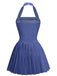 1960s Denim Halter Pleated Button Mini Dress - vintage dress, retro fashion