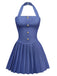 1960s Denim Halter Pleated Button Mini Dress - vintage dress, retro fashion
